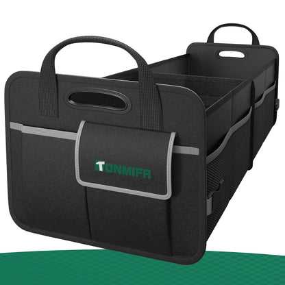 Heavy-Duty Trunk Organizer & Multi-Compartment Storage Box for SUV/Sedan/Minivan,600D Waterproof Oxford,2 Securing Hooks & Reflective Strips-Large Capacity Organiser(92L)