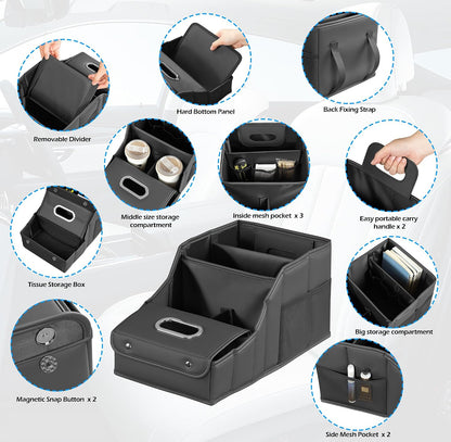 PU Leather Car Seat Organizer Storage Box with Handle & Cup Holders