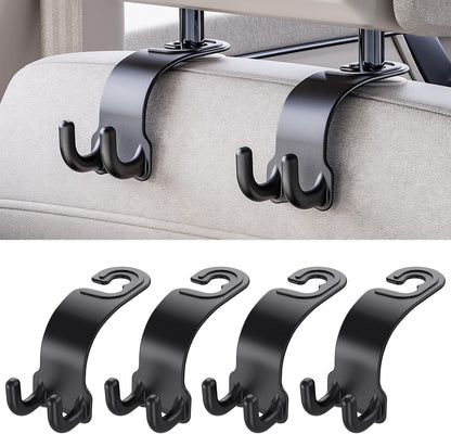 4 Pack Car Headrest Hooks, Dual Hook Seat Back Hangers with 360° Rotation, 55 lb Capacity, Car Organizer for Purses, Grocery Bags, Backpacks and Umbrellas, Black