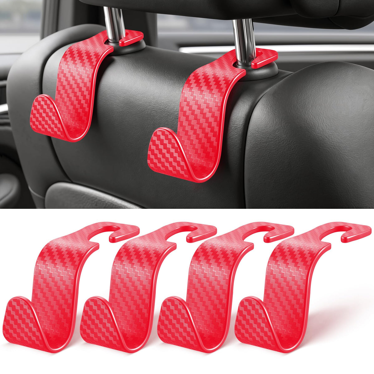 SINGARO 4 Pack Car Seat Headrest Hooks, Vehicle Back Seat Hanger Storage Organizer for Purse Handbag Backpack Coat Grocery, 360° Rotating Heavy Duty Holds 44lbs, Black
