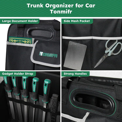 Heavy-Duty Trunk Organizer & Multi-Compartment Storage Box for SUV/Sedan/Minivan,600D Waterproof Oxford,2 Securing Hooks & Reflective Strips-Large Capacity Organiser(92L)