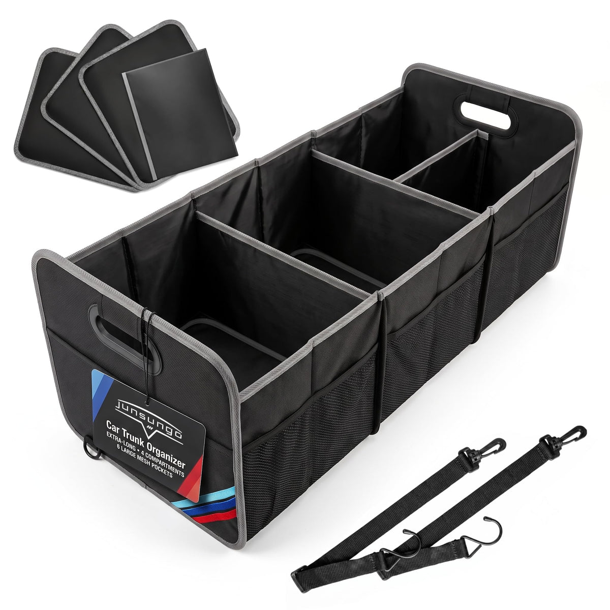 XL Car Trunk Organizer, 4 Compartments, 94L Capacity, Oxford Polyester 600D Material, Easy Fold and Store, Prevents Sliding