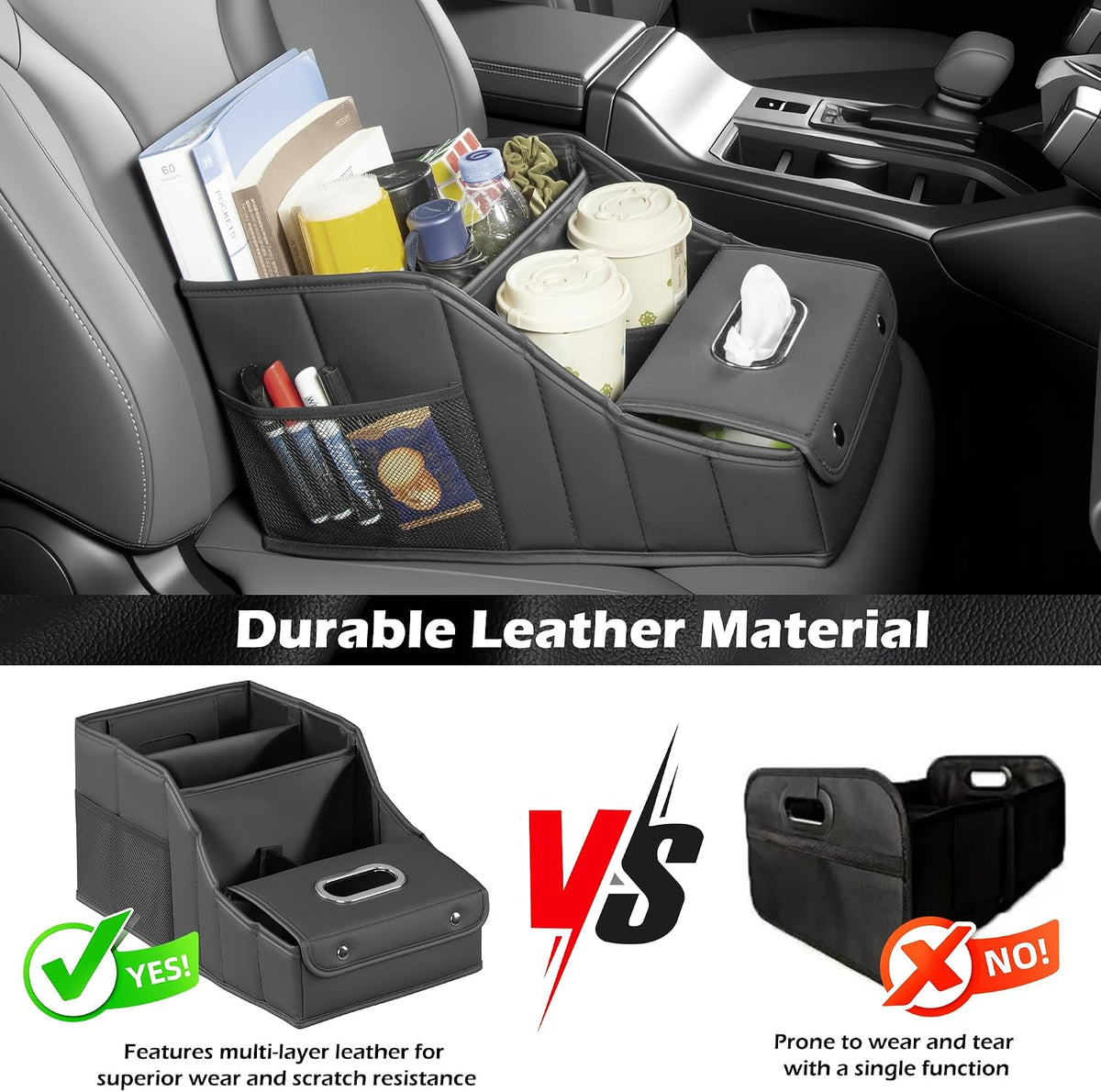 PU Leather Car Seat Organizer Storage Box with Handle & Cup Holders