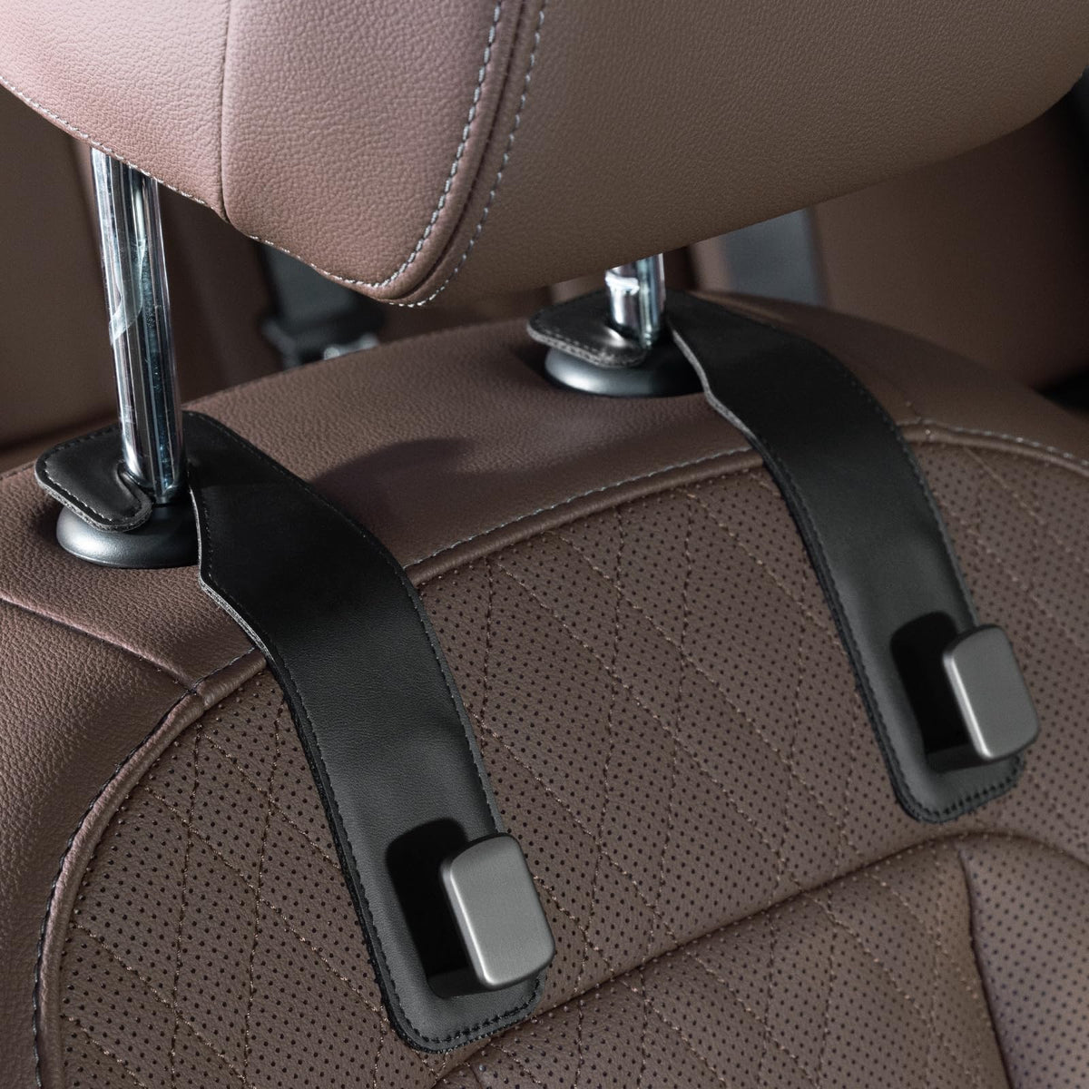 CoBak Purse Hook for Car - Universal Premium Stitched Leather and Aluminum-Magnesium Alloy Double Car Seat Back Storage Hook for Purses, Handbags, Bags (2 Pack),Beige