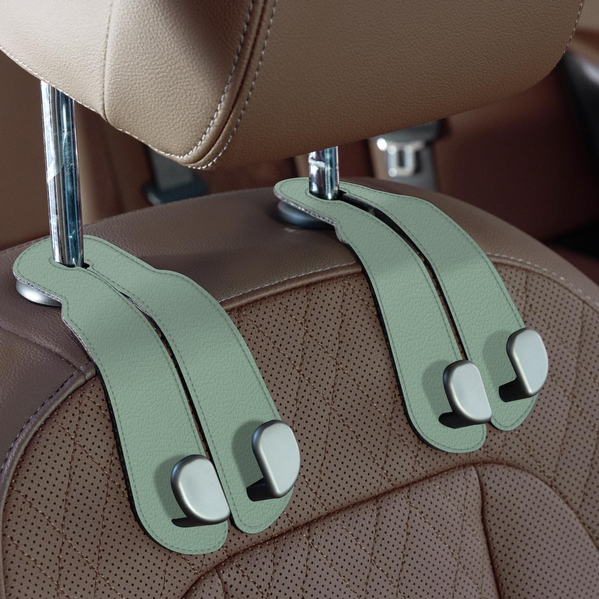 CoBak Purse Hook for Car - Universal Premium Stitched Leather and Aluminum-Magnesium Alloy Double Car Seat Back Storage Hook for Purses, Handbags, Bags (2 Pack),Beige