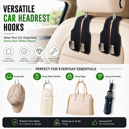 2 Pack Car Headrest Hooks, Dual Metal Hooks, Stylish Black